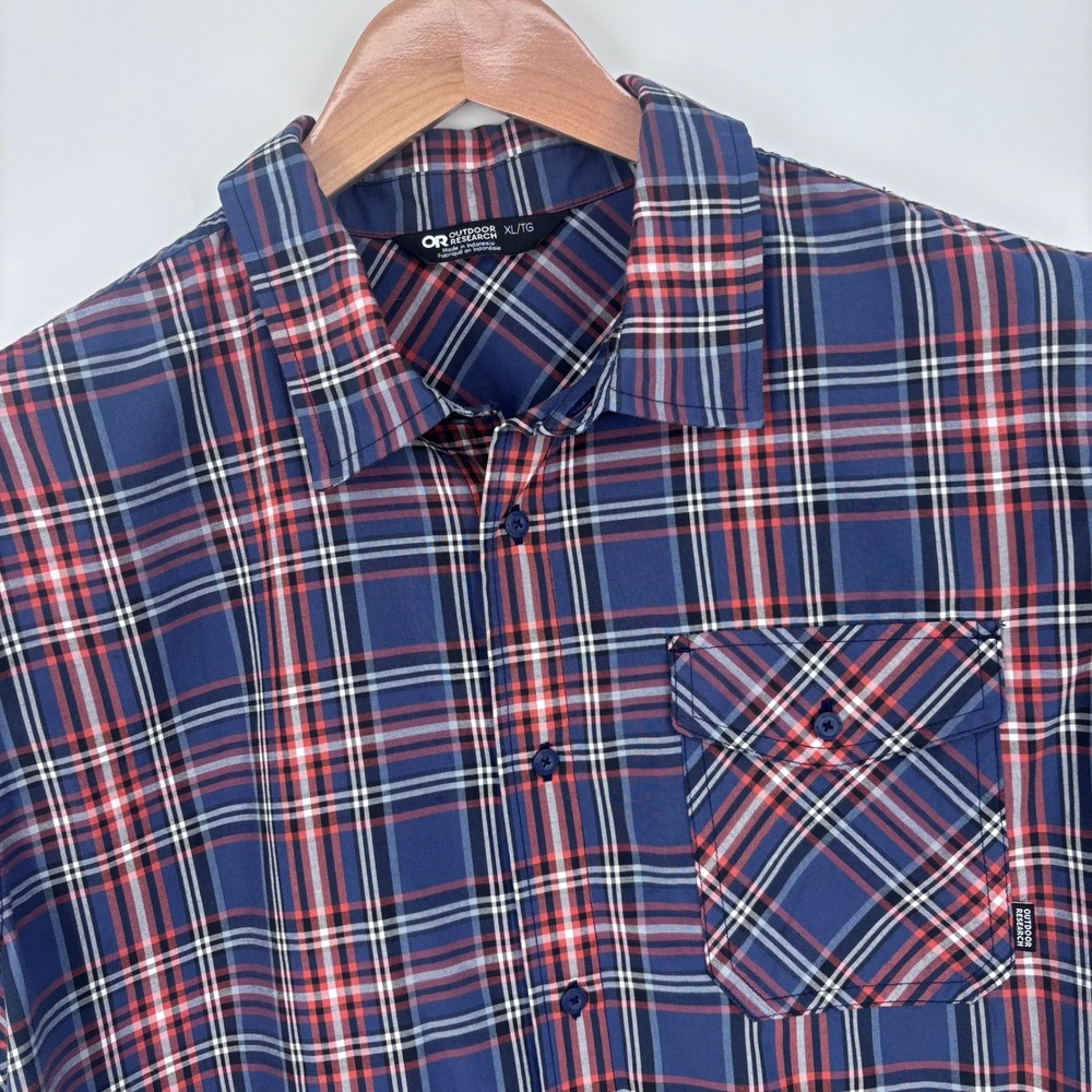 Outdoor Research Seapine Shirt Mens‎ XL Blue Plaid Short Sleeve Summer Hiking